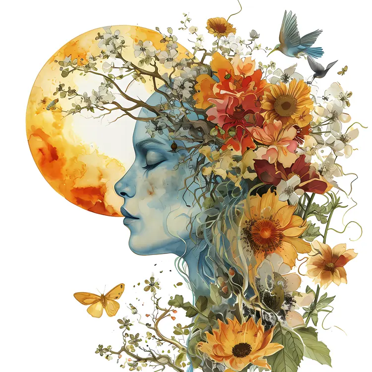 Abstract Woman's Face with Flowers and Sun
