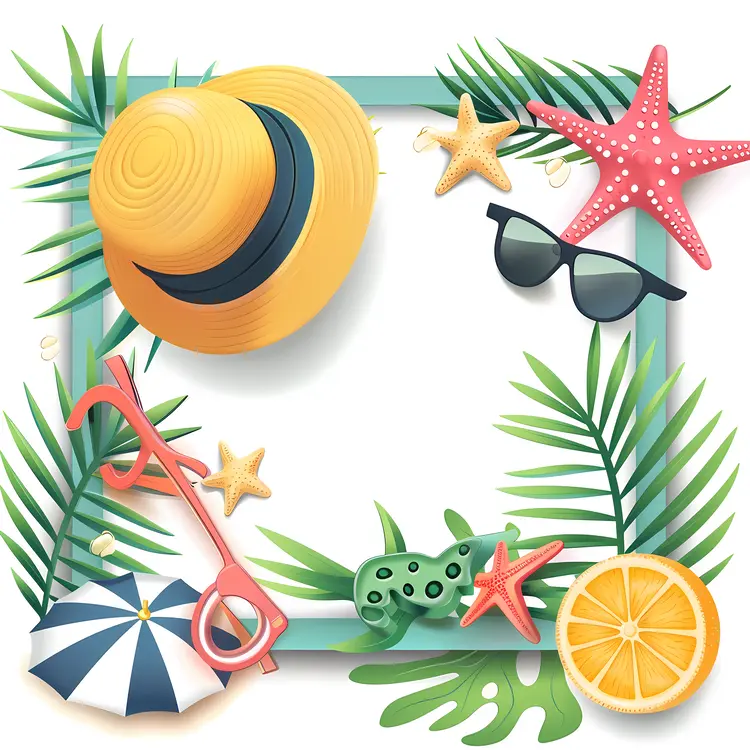 Summer Beach Frame with Hat and Sunglasses