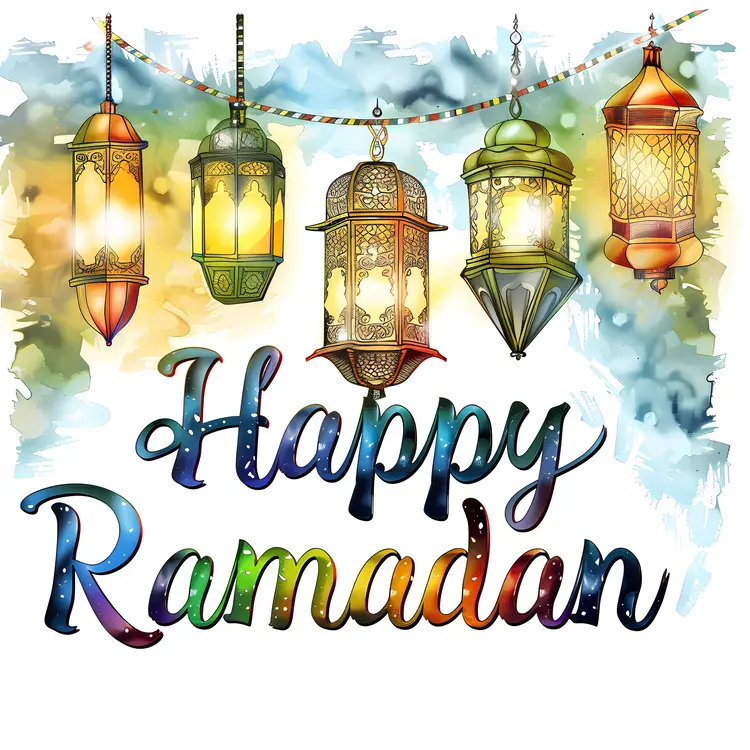 Colorful Happy Ramadan Greeting with Watercolor Lanterns