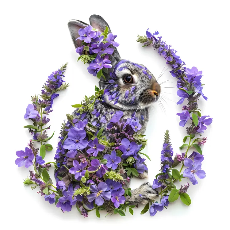 Rabbit with Purple Flowers and Greenery