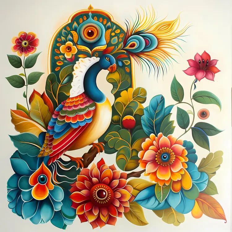 Colorful Peacock with Floral Ornaments