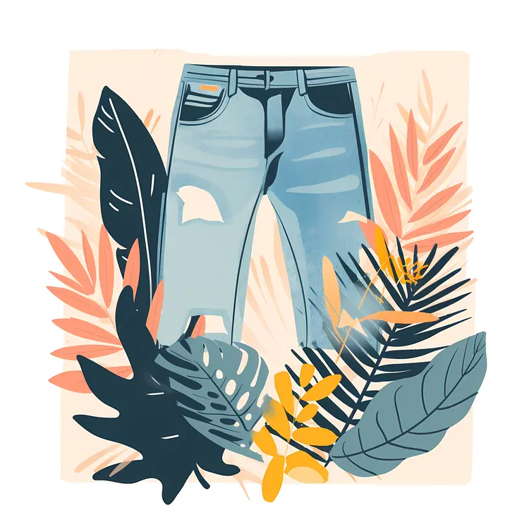 Blue Jeans with Tropical Leaves
