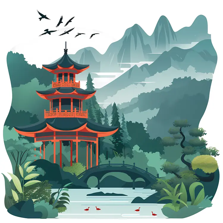 Pagoda in Scenic Landscape