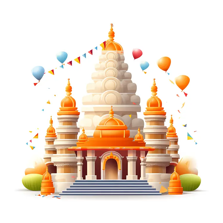 Temple with Balloons and Flags