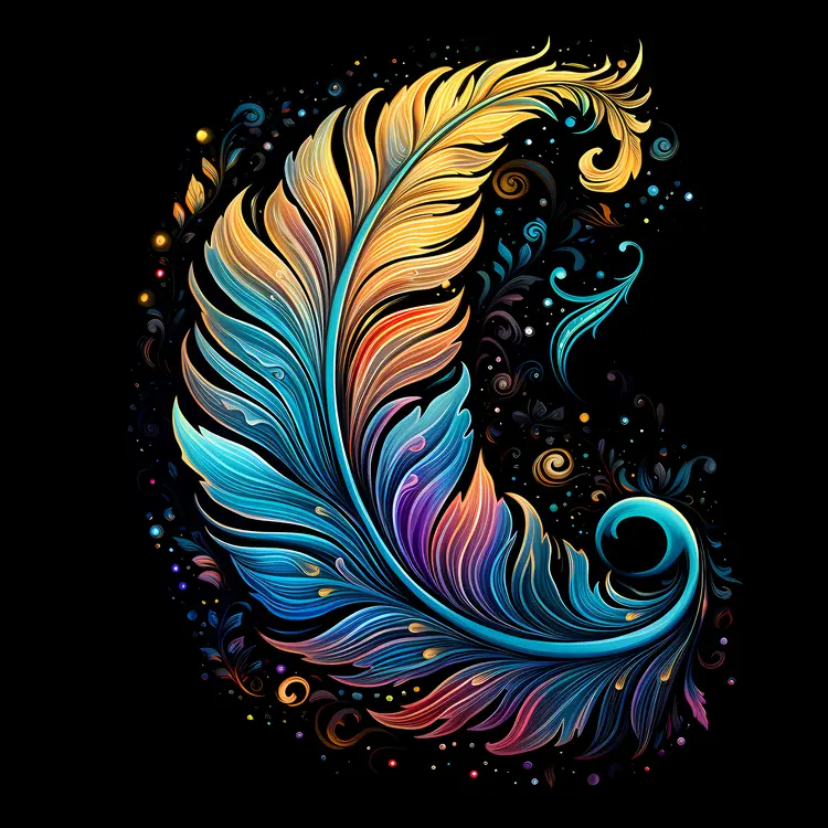 Curved Feather with Colorful Swirls