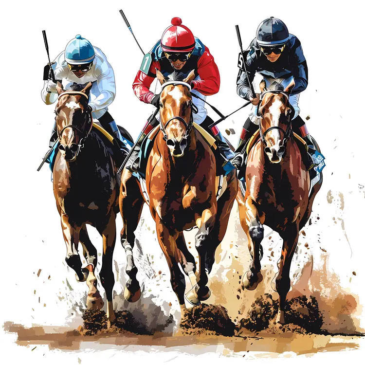 Three Horses Racing with Jockeys