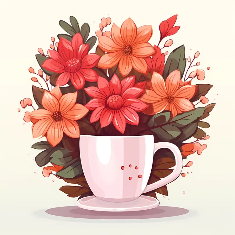 Vibrant Red and Orange Flowers in a White Cup