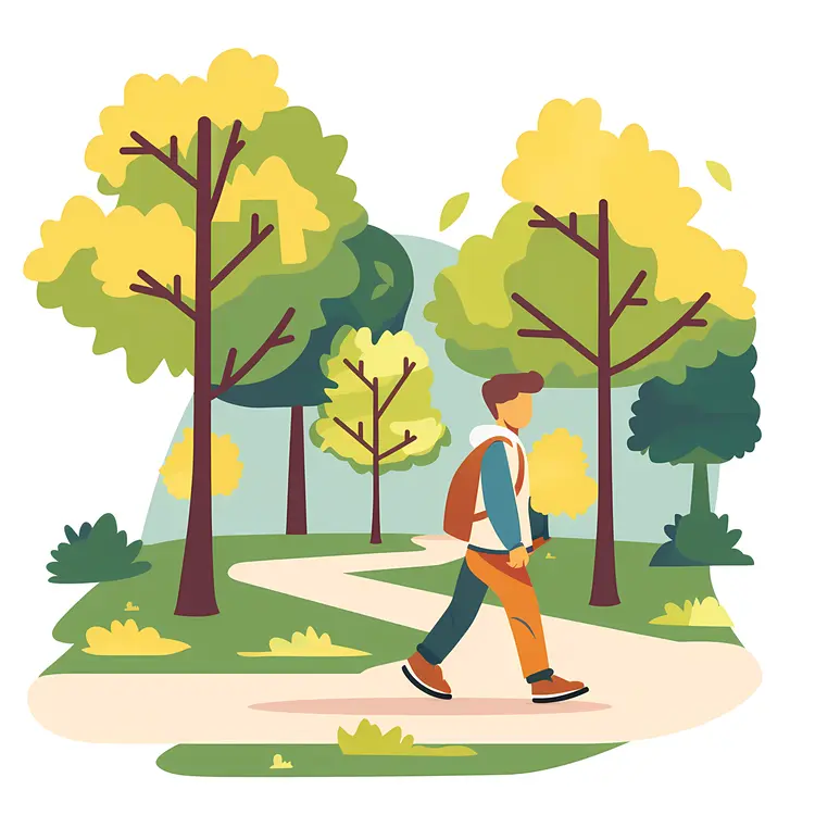 Person Walking in a Park with Trees and Pathway