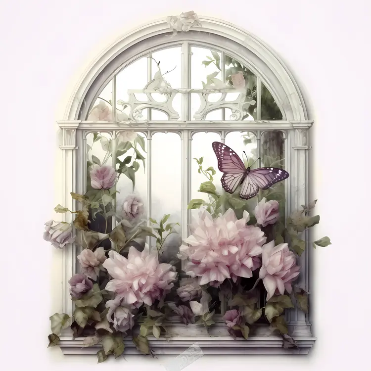 Beautiful Window with Flowers and Butterfly