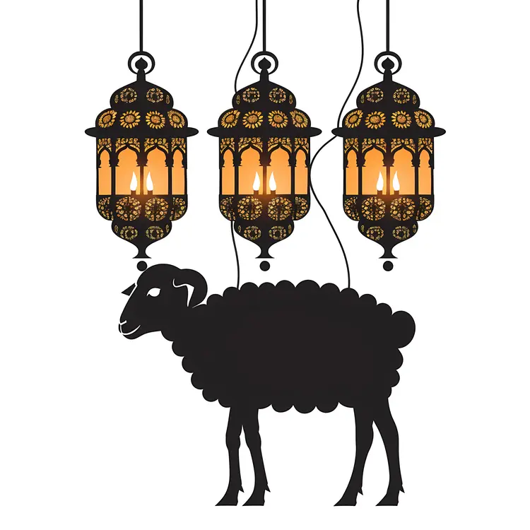 Sheep Silhouette with Hanging Lanterns for Eid