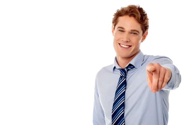 Man in Blue Shirt Pointing