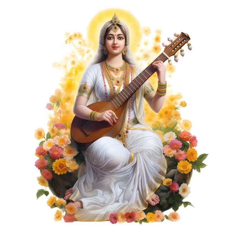Divine Goddess Playing Veena with Flowers