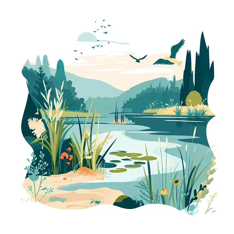 Scenic Lake with Birds