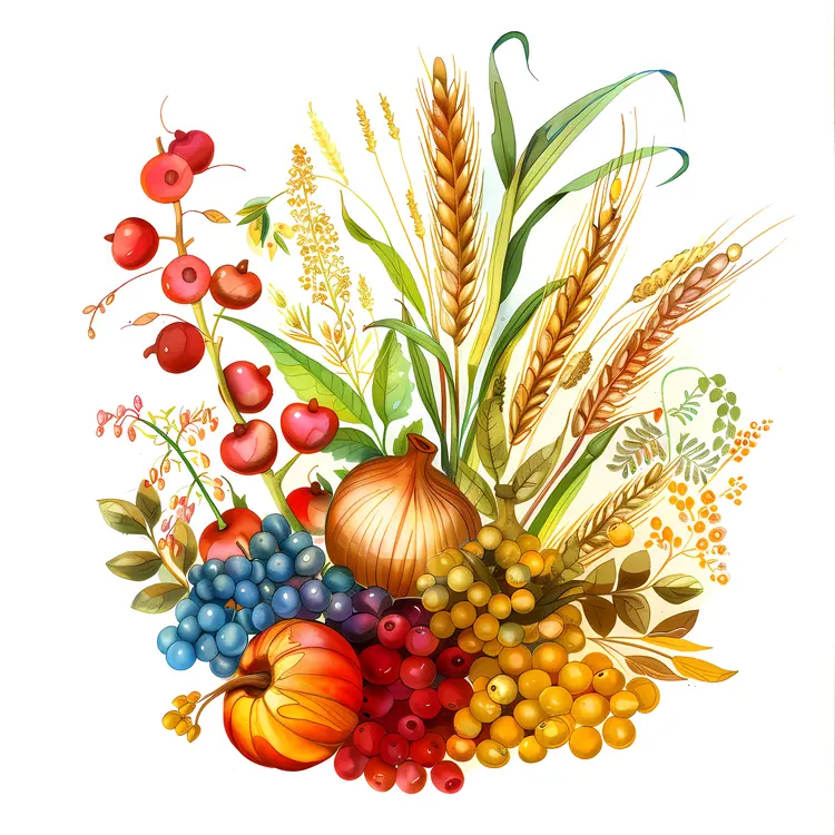 Colorful Harvest with Fruits and Wheat