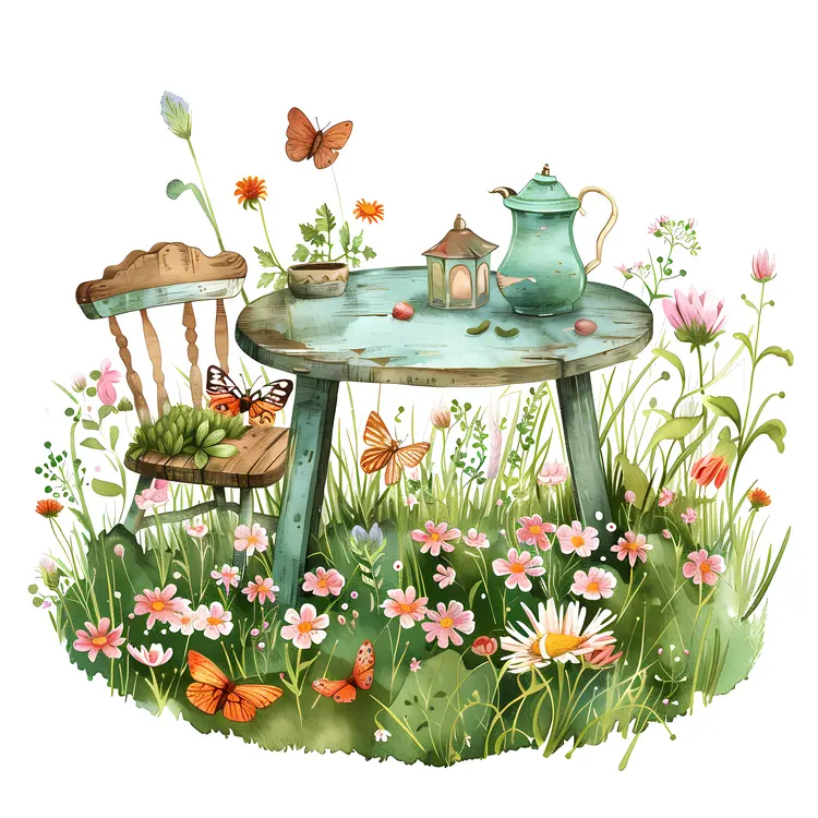 Garden Table with Teapot and Flowers