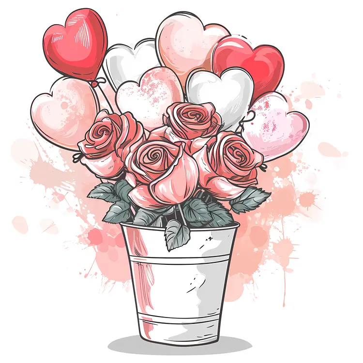 Pink and White Roses with Balloons in a Bucket