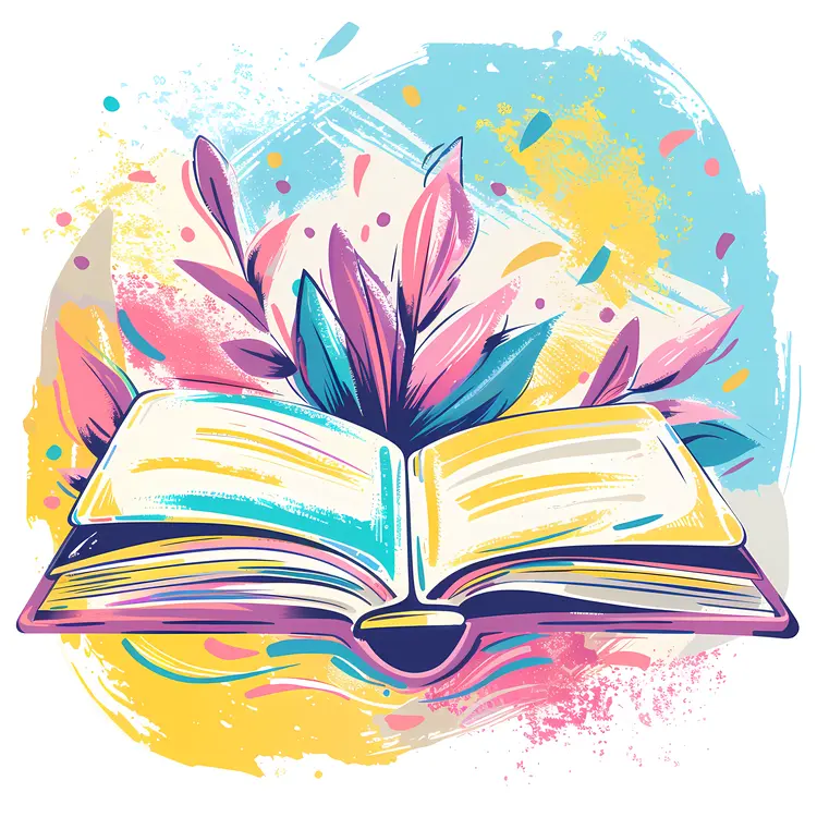 Colorful Leaves Emerging from Open Book with Splash