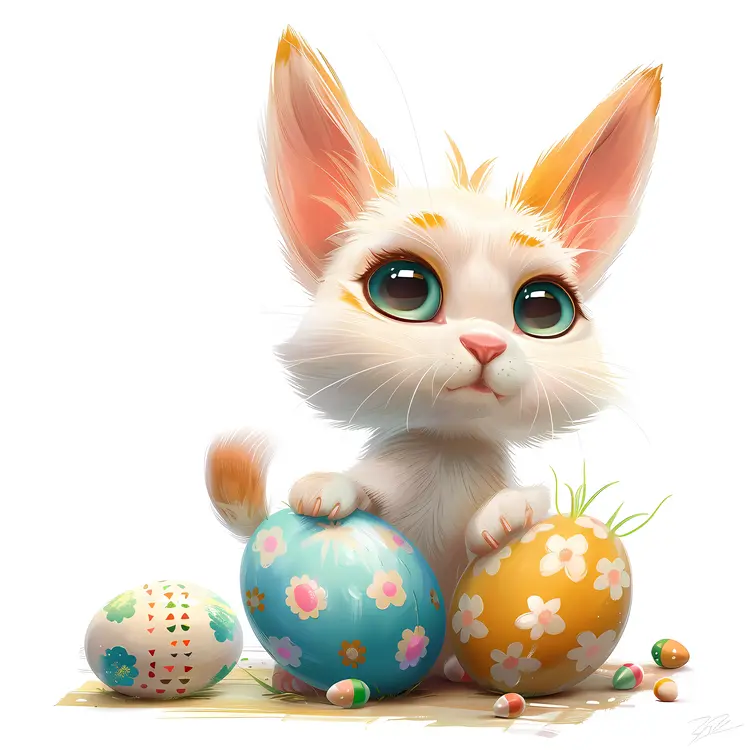 Cute White Kitten with Easter Eggs