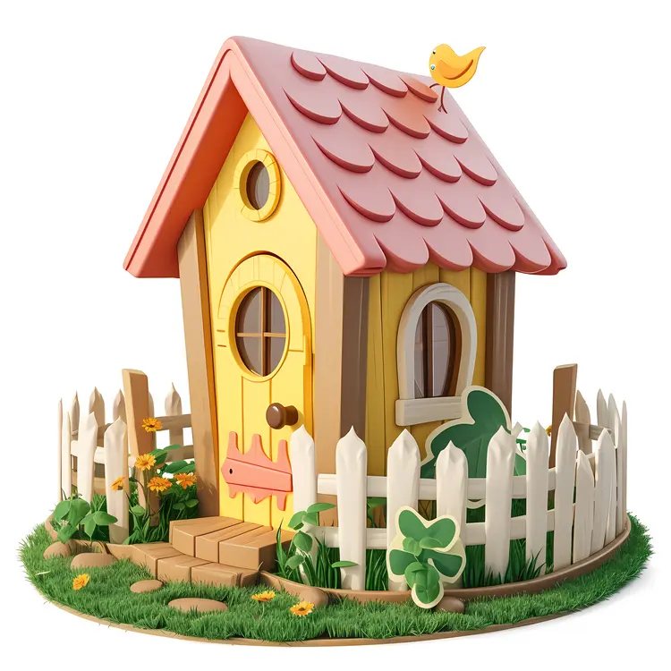 Yellow House with Fence and Bird