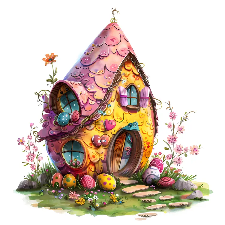 Colorful Fantasy House with Eggs and Flowers