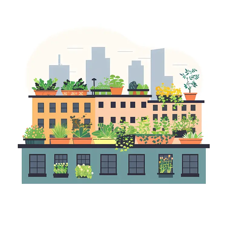 Urban Rooftop Garden with Potted Plants