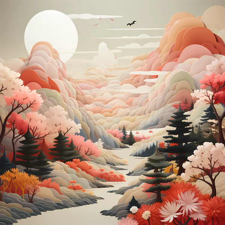 Colorful Landscape with Mountains and Trees