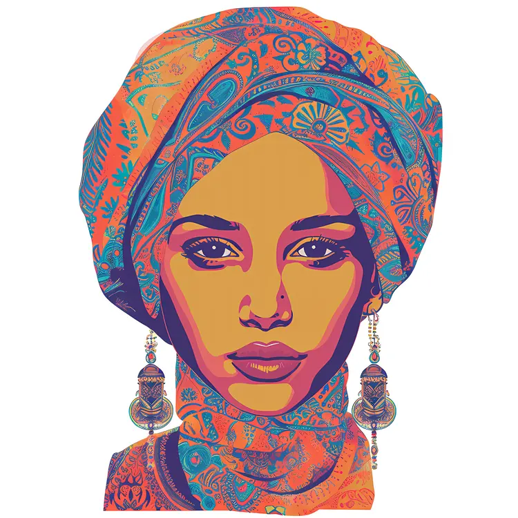Colorful Portrait of Woman with Headscarf and Earrings