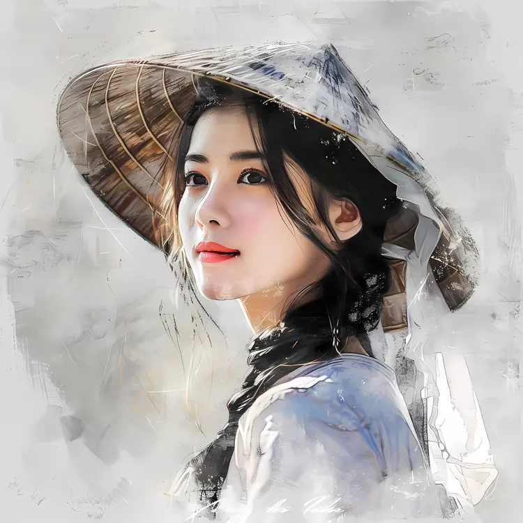 Pensive Woman in Conical Hat Illustration