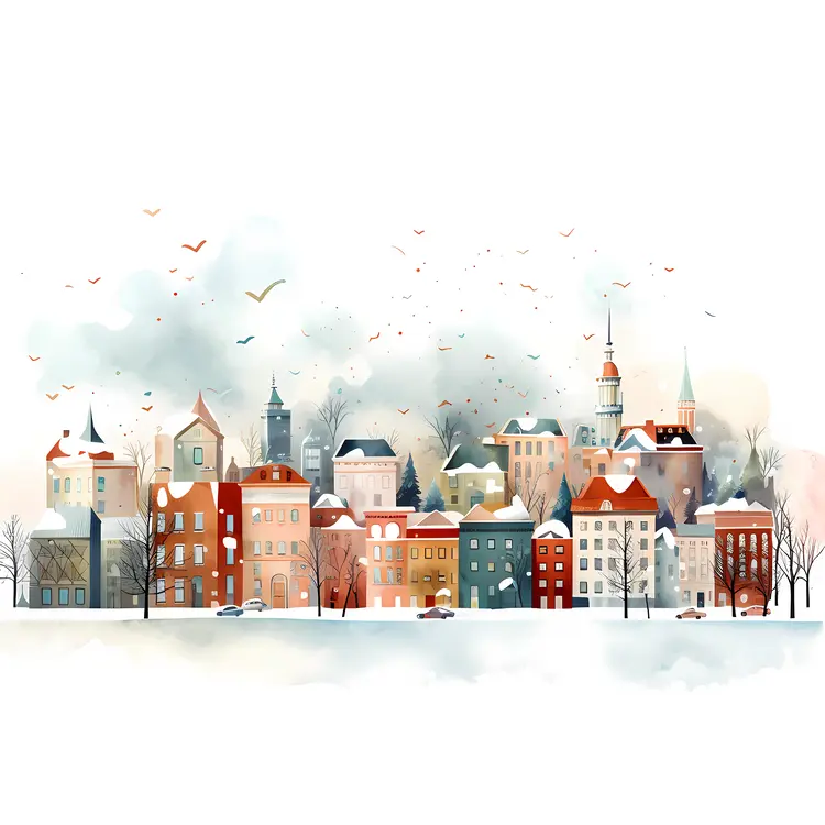 Snowy Town with Colorful Buildings