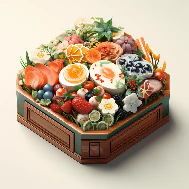 Bento Box with Assorted Fruits, Vegetables, and Eggs