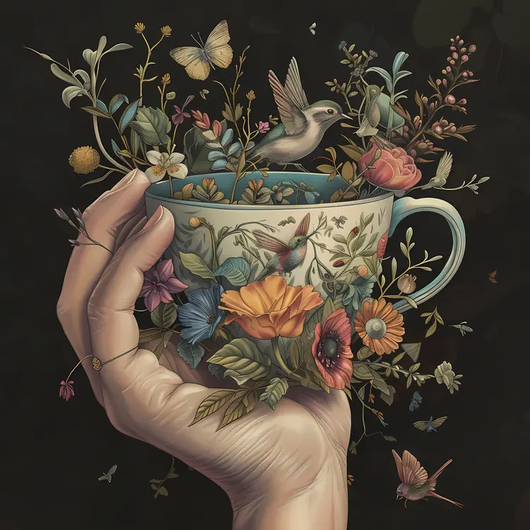 Hand Holding Cup with Flowers and Hummingbird Illustration