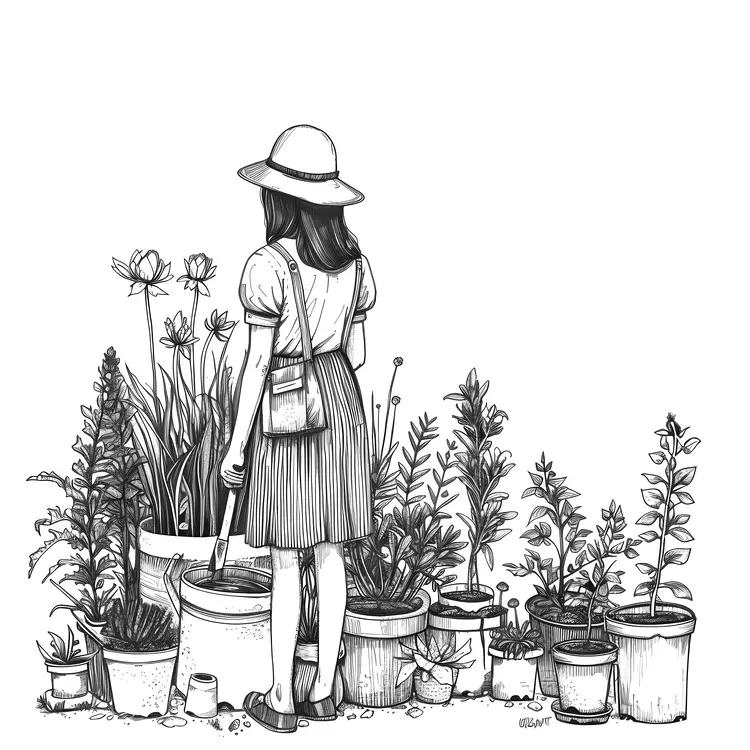 Black and White Gardener with Plants Illustration