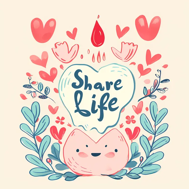 Cute Blood Drop Cartoon with 'Share Life' Message