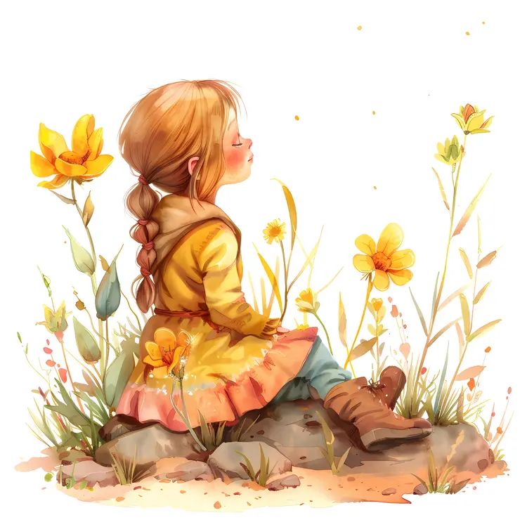 Girl Sitting in Yellow Flower Field