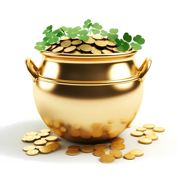 Golden Pot of Coins with Clovers for St. Patrick's Day