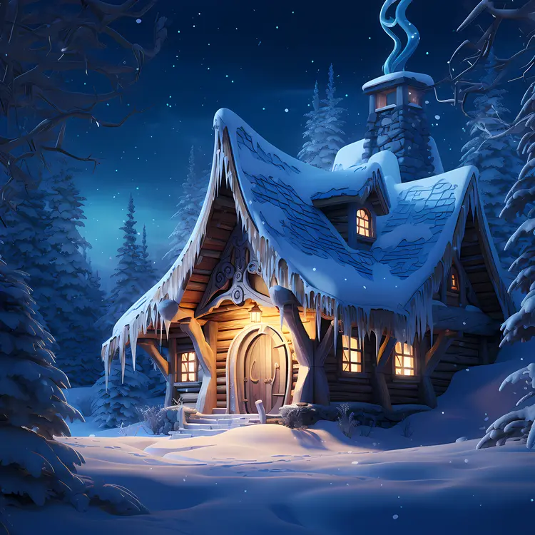 Snowy Cabin at Night