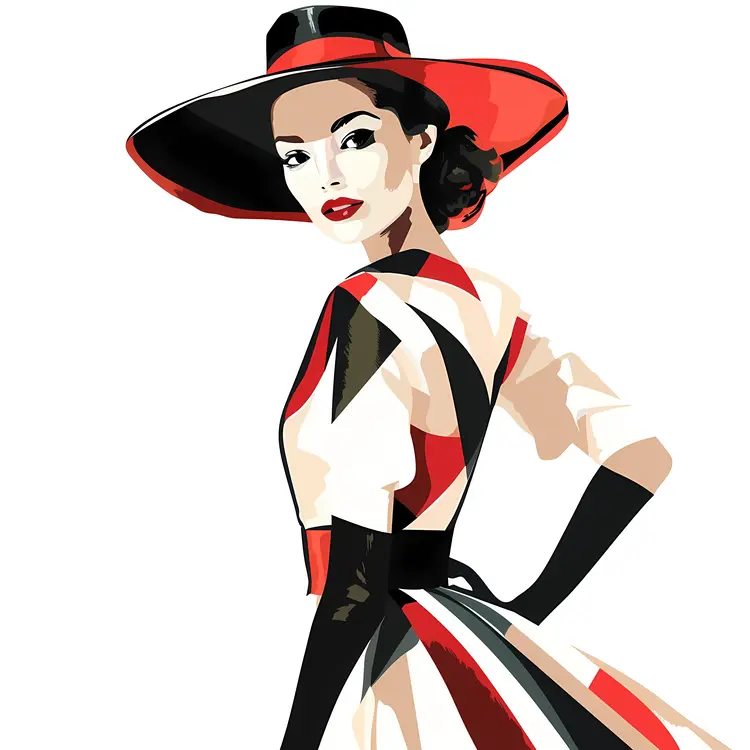 Elegant Woman in Fashionable Hat and Dress