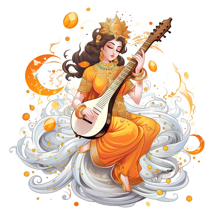 Divine Goddess Playing Veena with Golden Ornaments