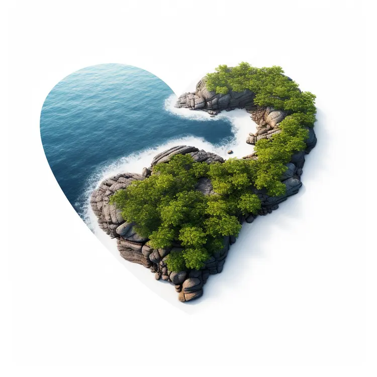 Heart-shaped Island with Trees and Beach