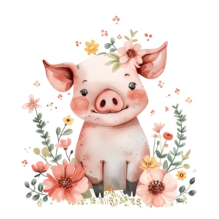 Smiling Piglet Surrounded by Flowers