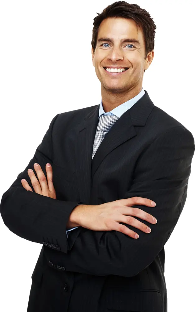 Smiling Man in Black Suit with Arms Crossed