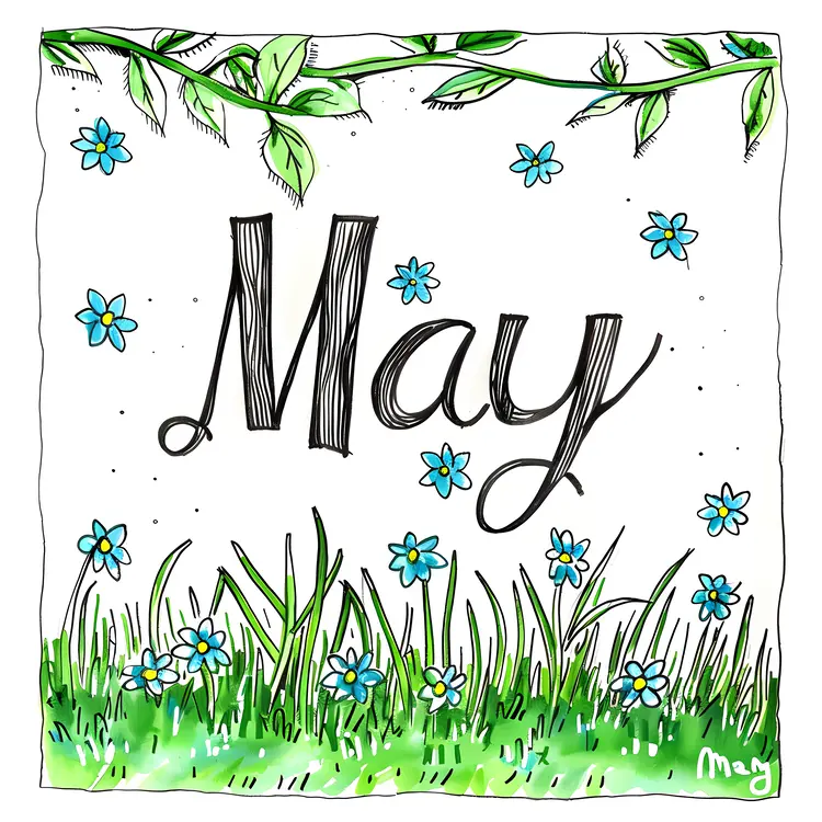 May with Blue Flowers and Green Grass
