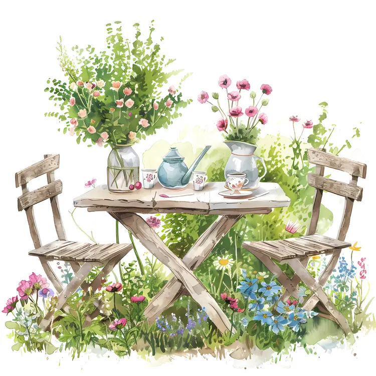 Garden Table with Tea Set and Flowers
