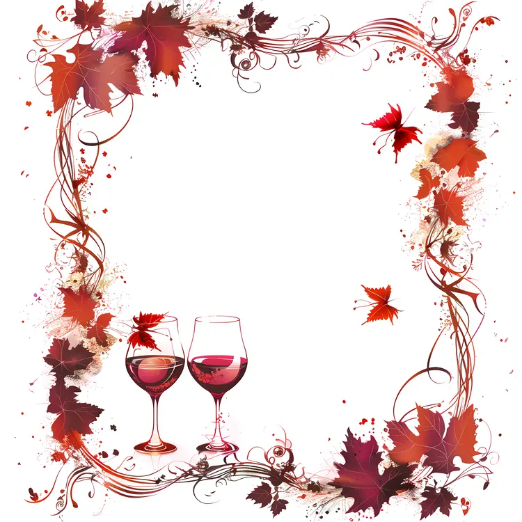 Two Wine Glasses with Red Leaves