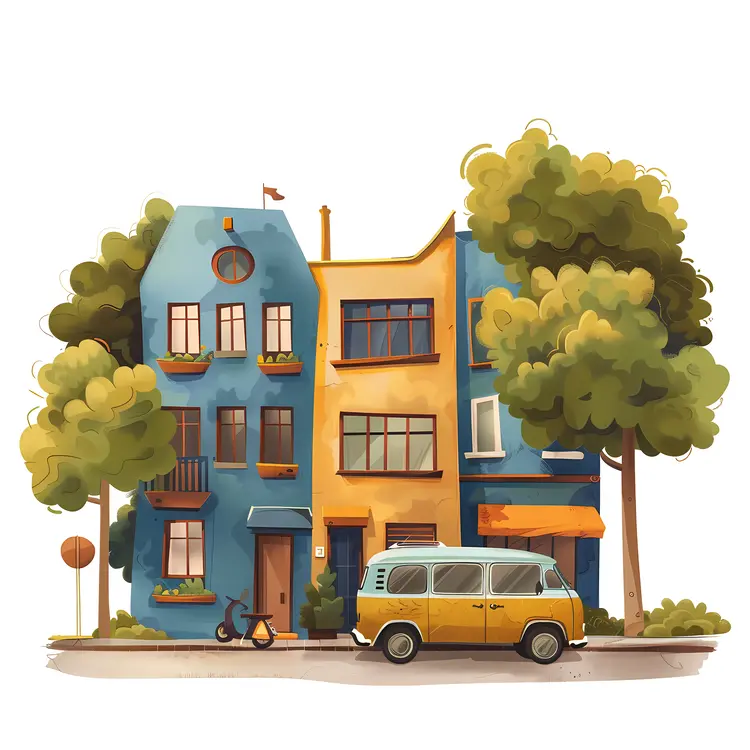 Colorful Street Buildings with Trees