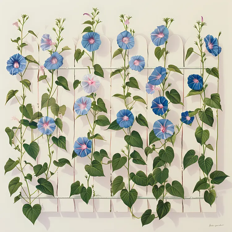 Morning Glory Flowers on White Fence