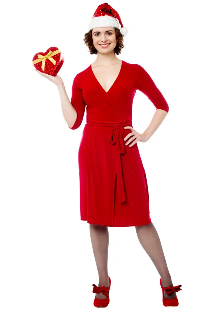 Woman in Red Dress Holding Gift