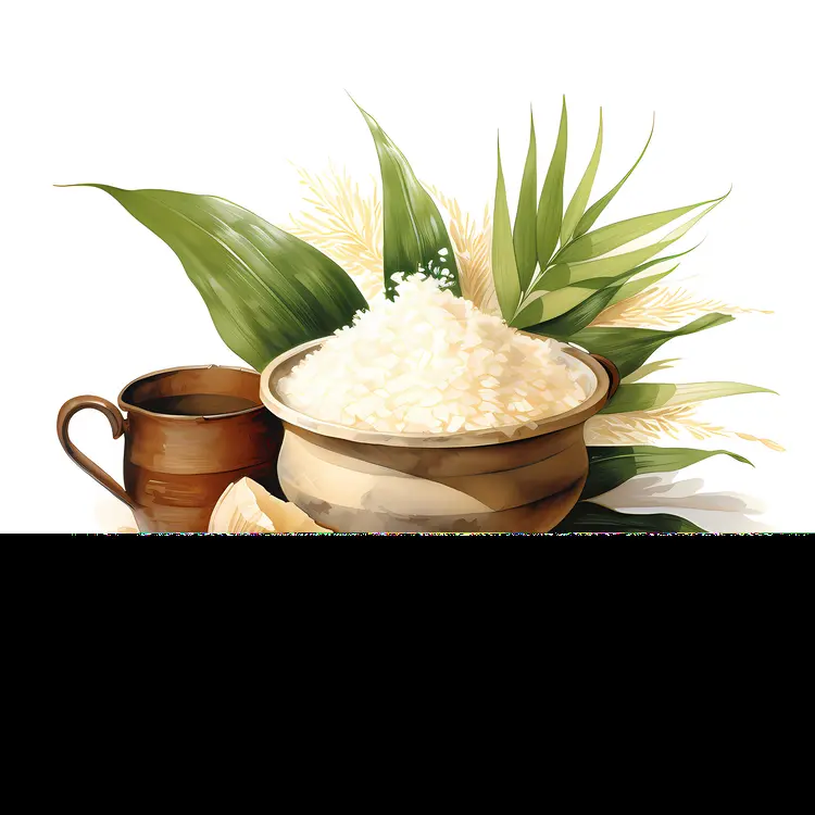 Traditional Rice in Pot with Leaves