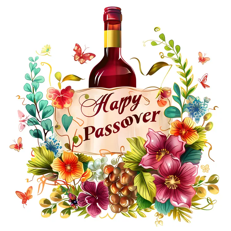 Happy Passover with Wine and Colorful Flowers