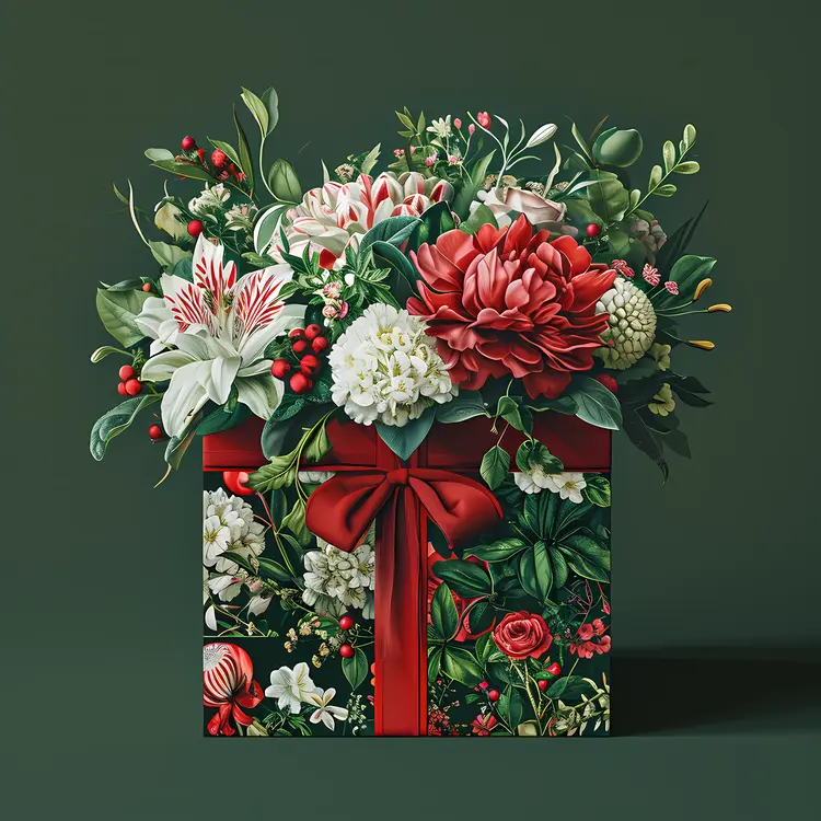 Gift Box with Red and White Flowers for Valentine's Day